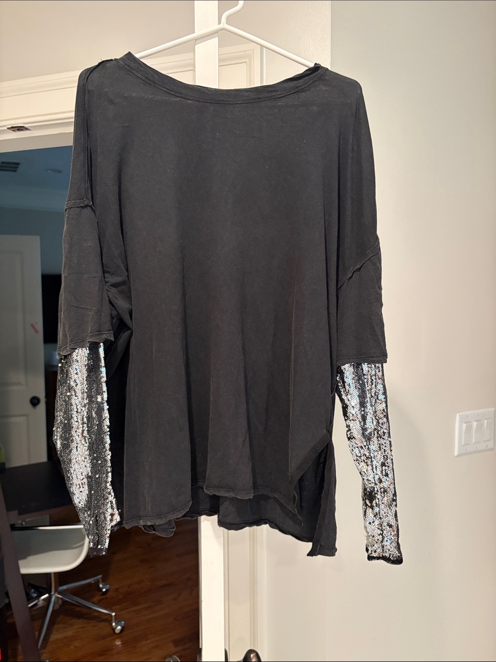 Free People Black Top with Silver Sequin Sleeves